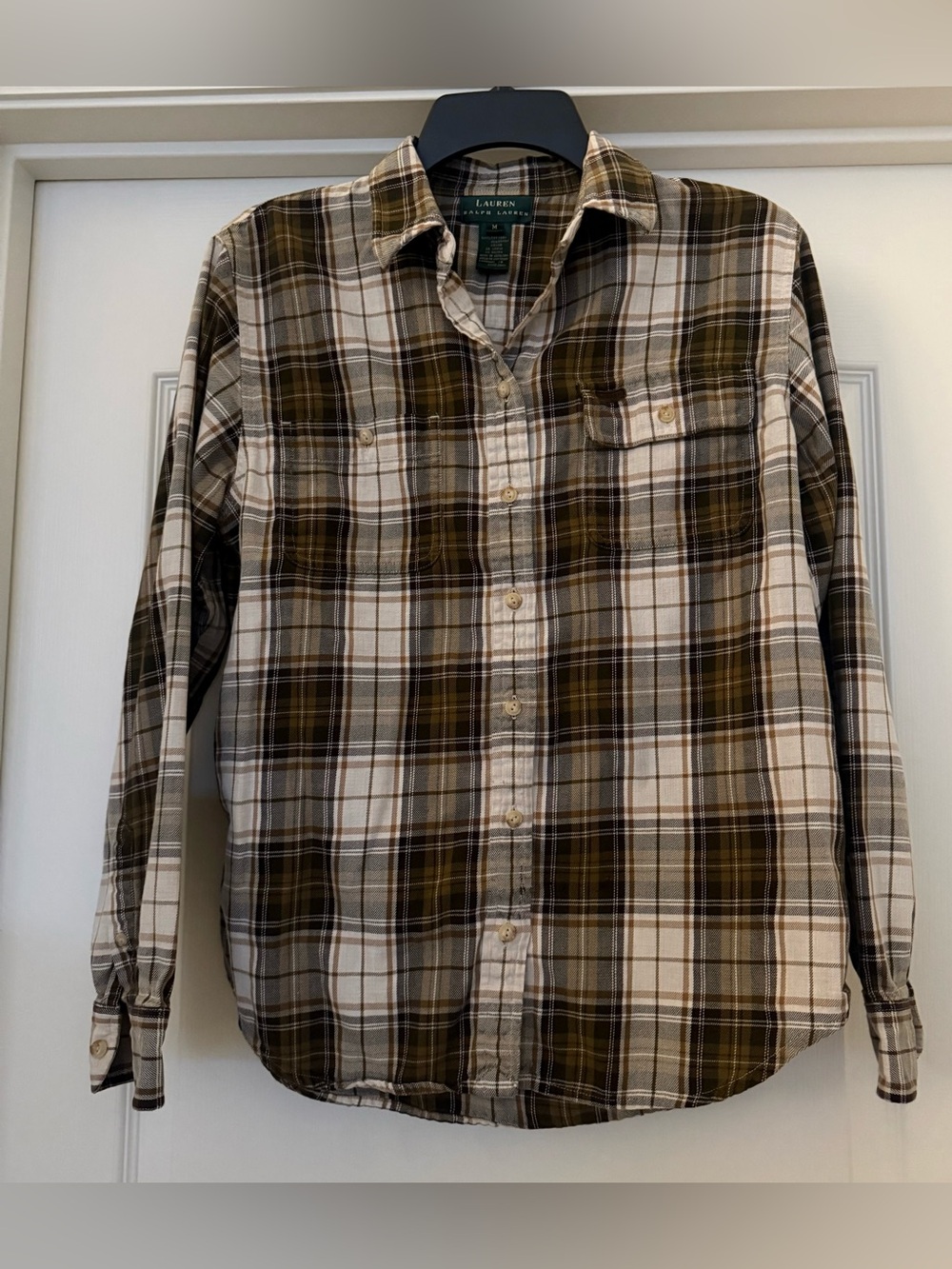 Lauren Ralph Lauren Plaid Shirt M Brown & White Button Down Long Sleeve Cotton